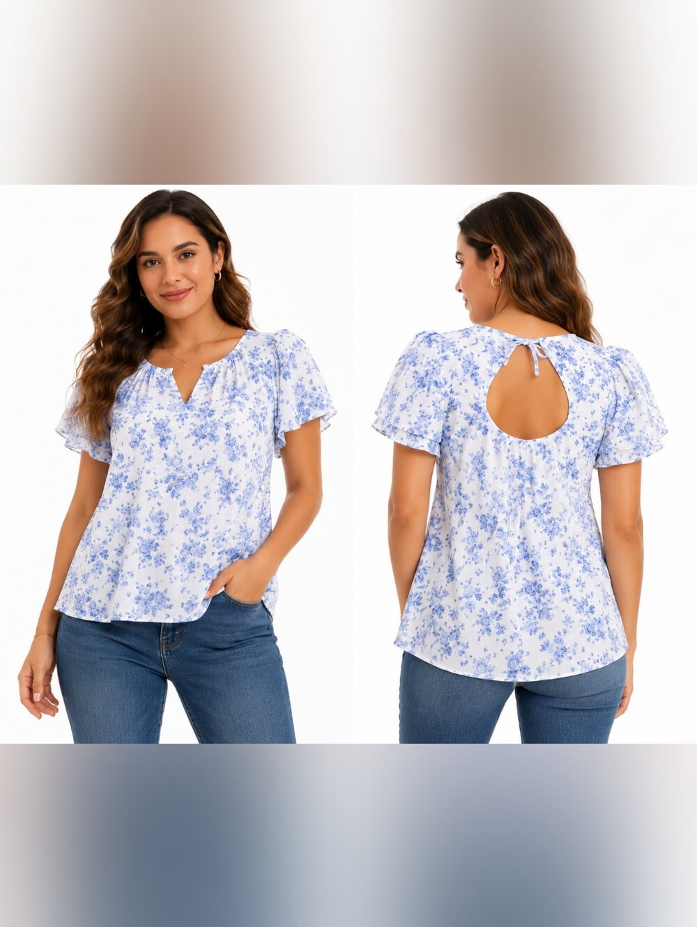 CeCe White and Light Blue Floral Keyhole Blouse